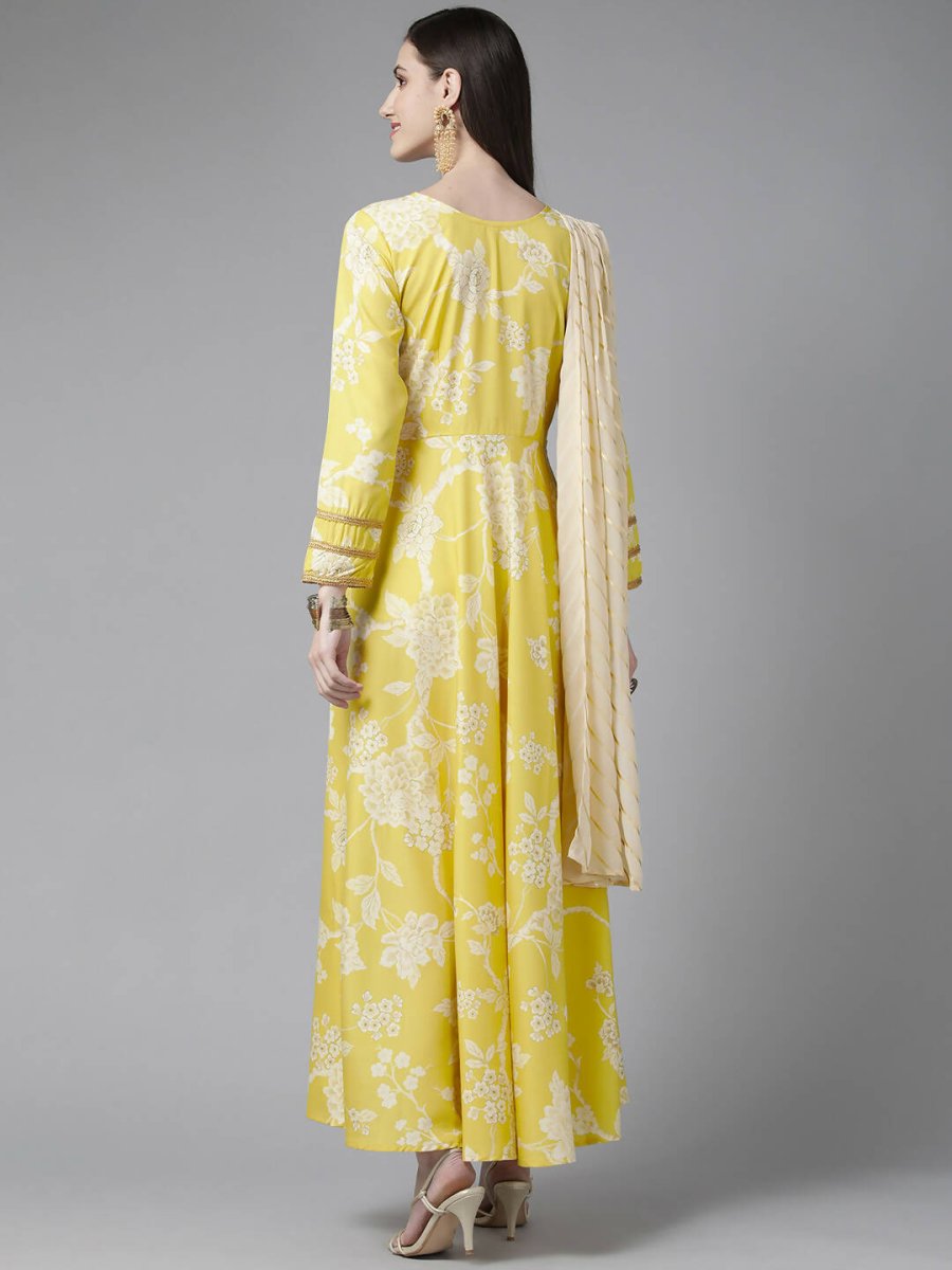 Ahalyaa Womens Lemmon Yellow Crepe Digital Printed Drapped Dress | Grocsy
