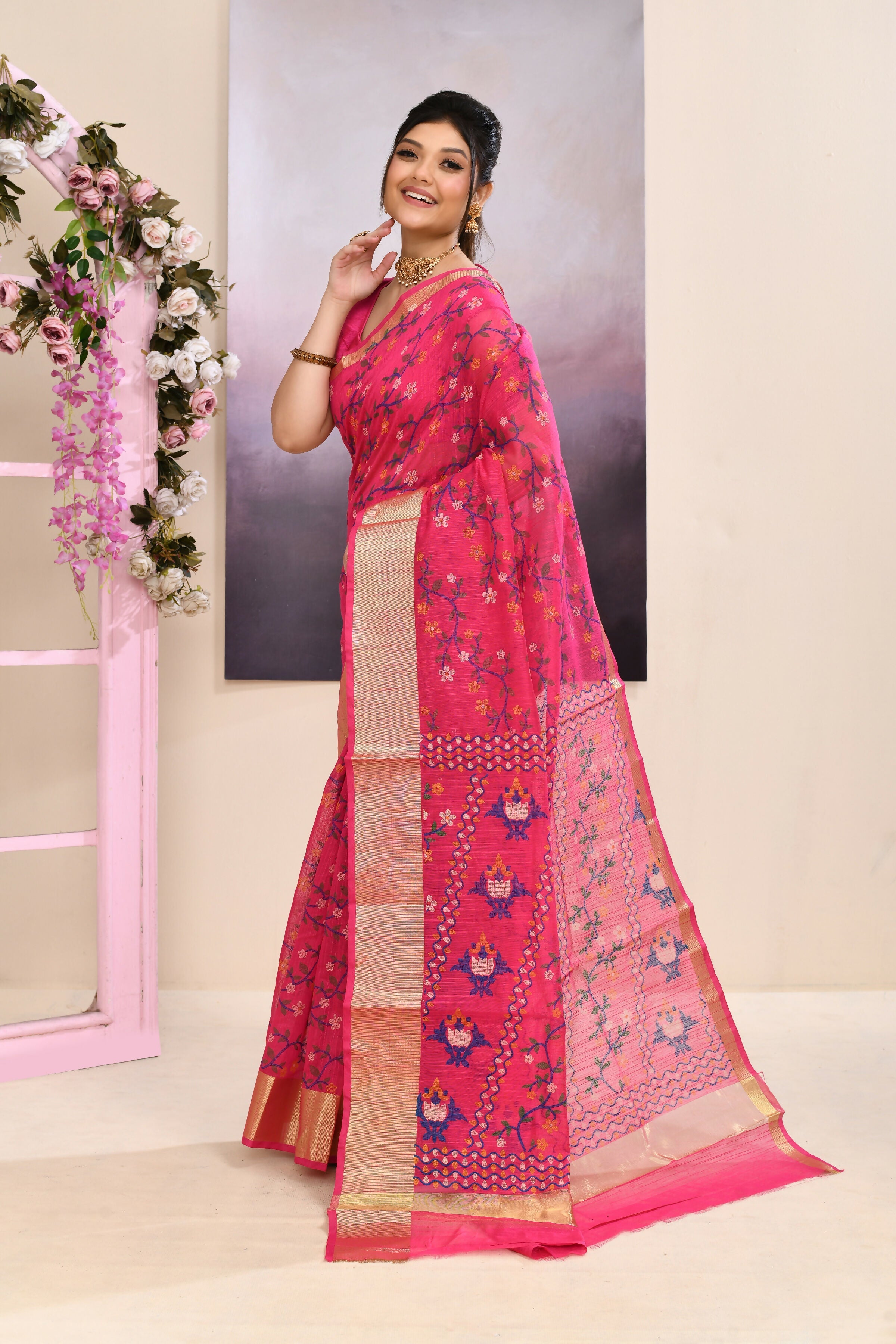 Piyari Fashion Women's Pink Embellished Cotton Blend Printed Saree | Grocsy