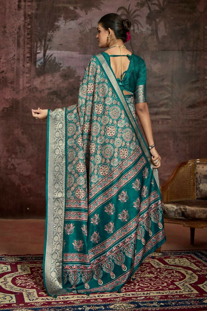 Joban Fashion Rama Green Dola Tussar Silk Self Jacquard Border Saree | Grocsy
