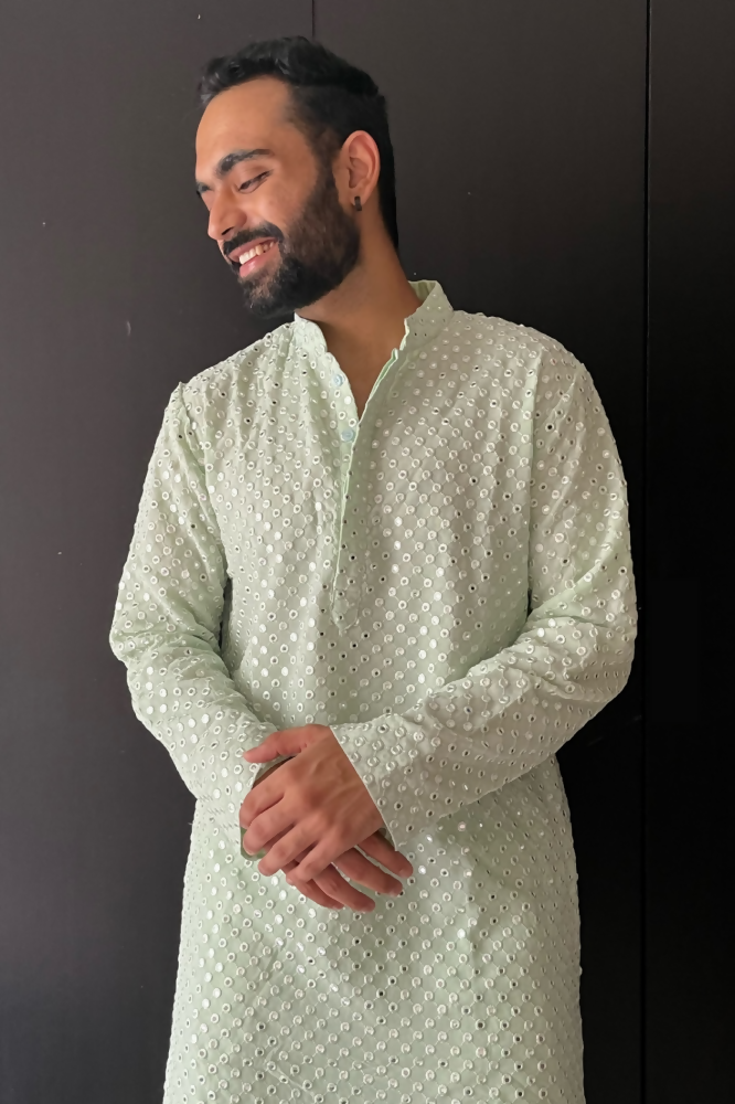 Pista Green Mirror Work Designer Kurta by Hilo Design | Grocsy