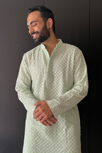 Pista Green Mirror Work Designer Kurta by Hilo Design | Grocsy