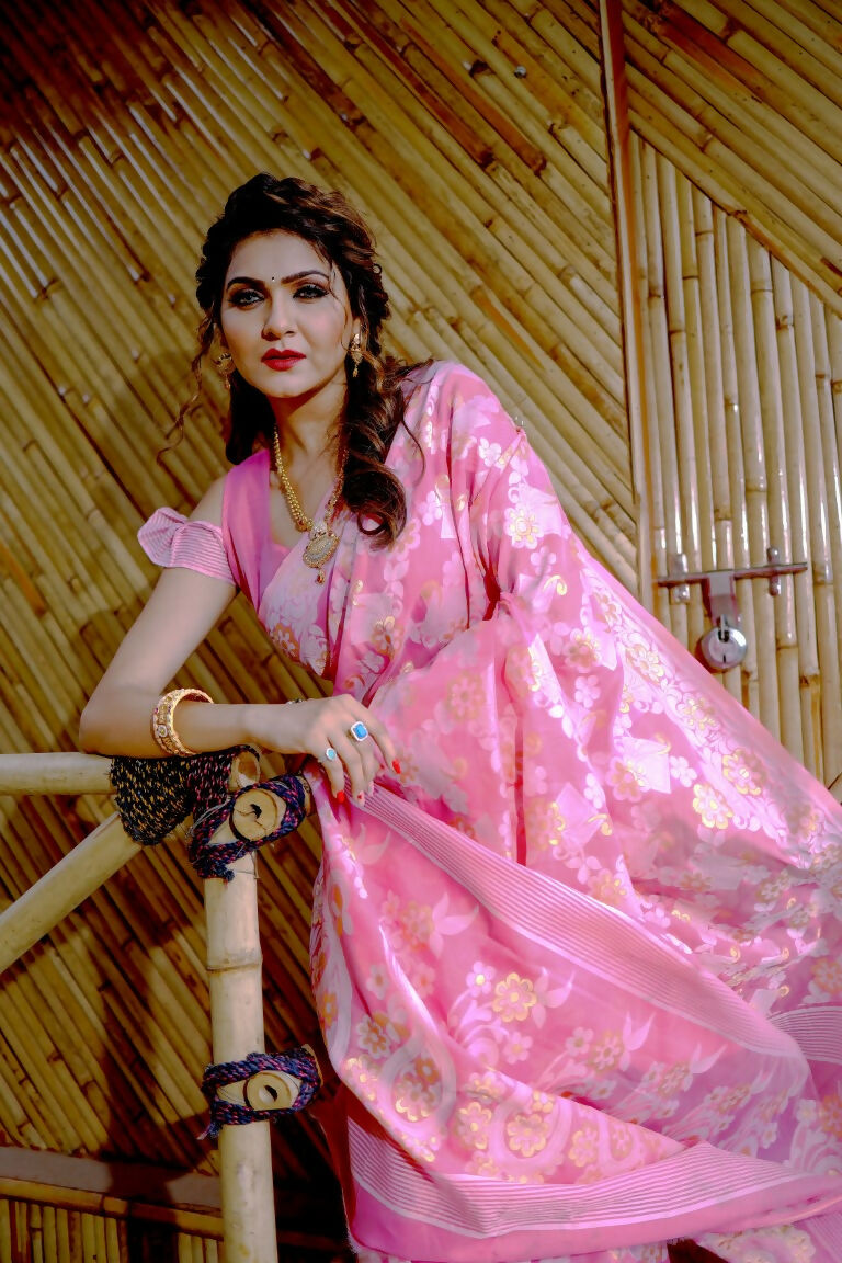 Partywear Designer Pink Jamdani contton Fancy Saree - Starwalk | Grocsy