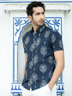 Miravan Men's Pure Cotton Blue Floral Printed Half Sleeve Slim Fit Shirt | Grocsy