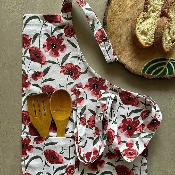 Oak & Lily 100% Cotton Kitchen Apron-Red Poppy Flower | Grocsy