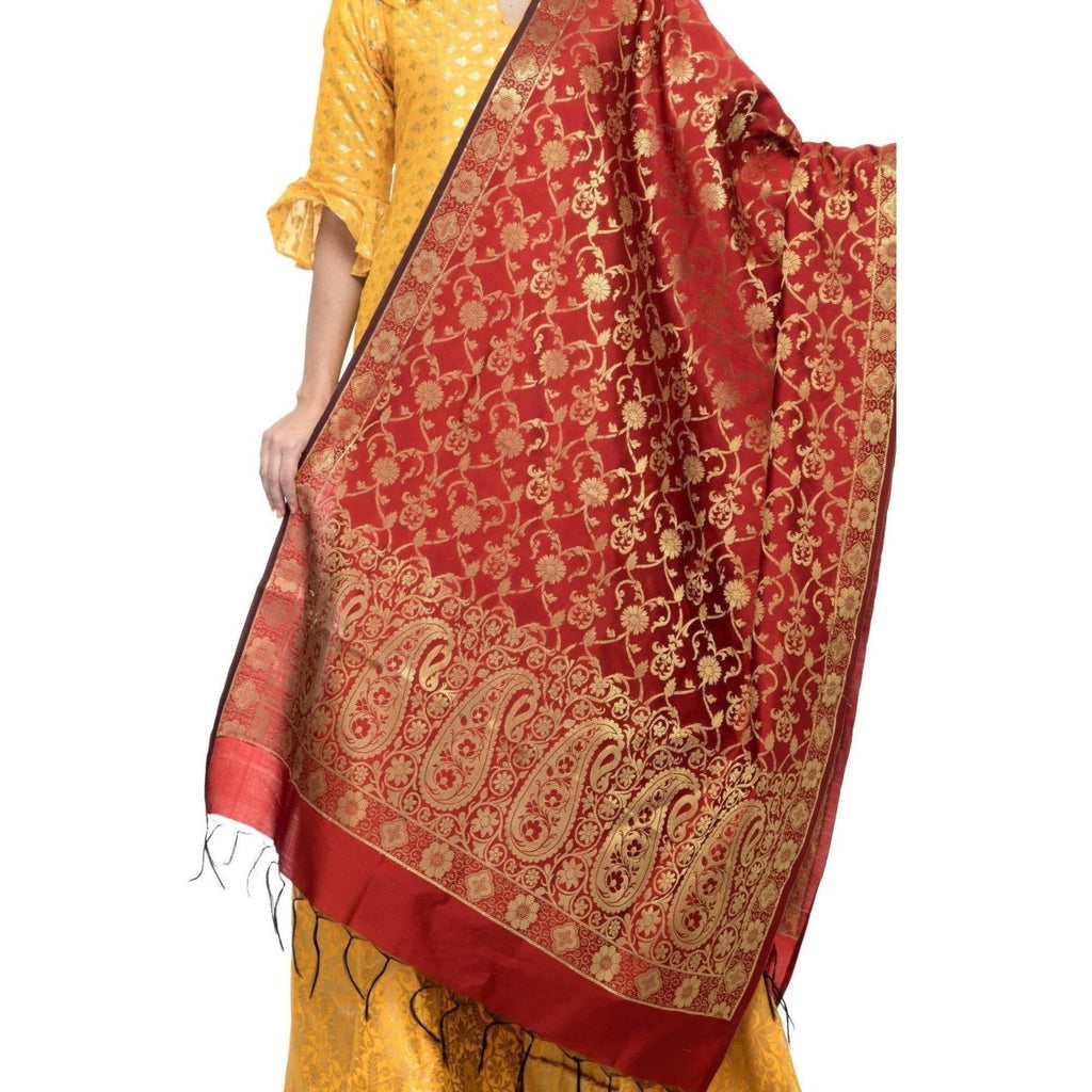 A R Silk Women's Vanarsi Silk Zari Embroidery Mehroon Fancy Dupatta | Grocsy