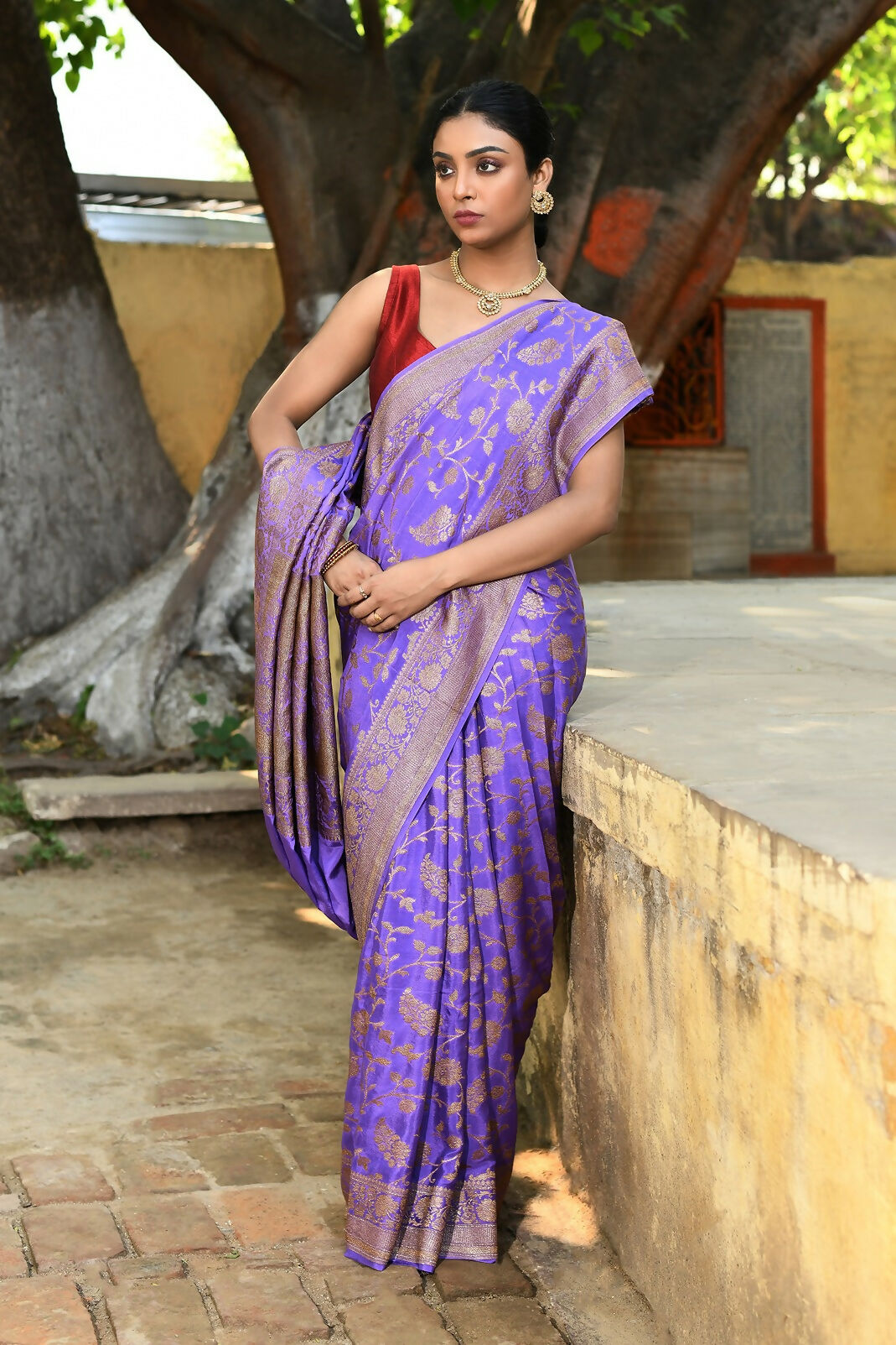 Joban Fashion Dark Lilac Crepe Chiffon Pure Handloom Banarasi Silk Saree | Grocsy