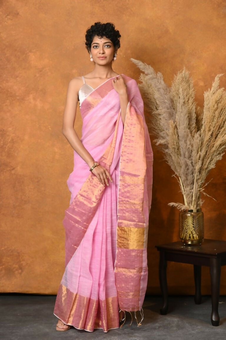 Very Much Indian Handloom Pure Cotton Linen Saree With Golden Border - Pink | Grocsy
