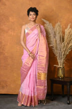 Very Much Indian Handloom Pure Cotton Linen Saree With Golden Border - Pink | Grocsy