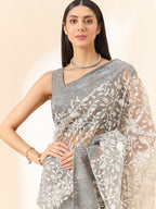 Grey Organza Floral Embroidered Saree with Unstitched Blouse Piece - Roozal | Grocsy