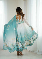 Teeya Creation Aquablue Color Soft organza Silk Digital Print Party Wear Gown | Grocsy