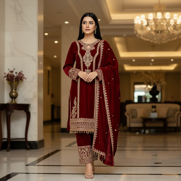 Teeya Creation Maroon Color Velvet Fabric Designer Embroidery Work Suit | Grocsy