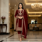 Teeya Creation Maroon Color Velvet Fabric Designer Embroidery Work Suit | Grocsy