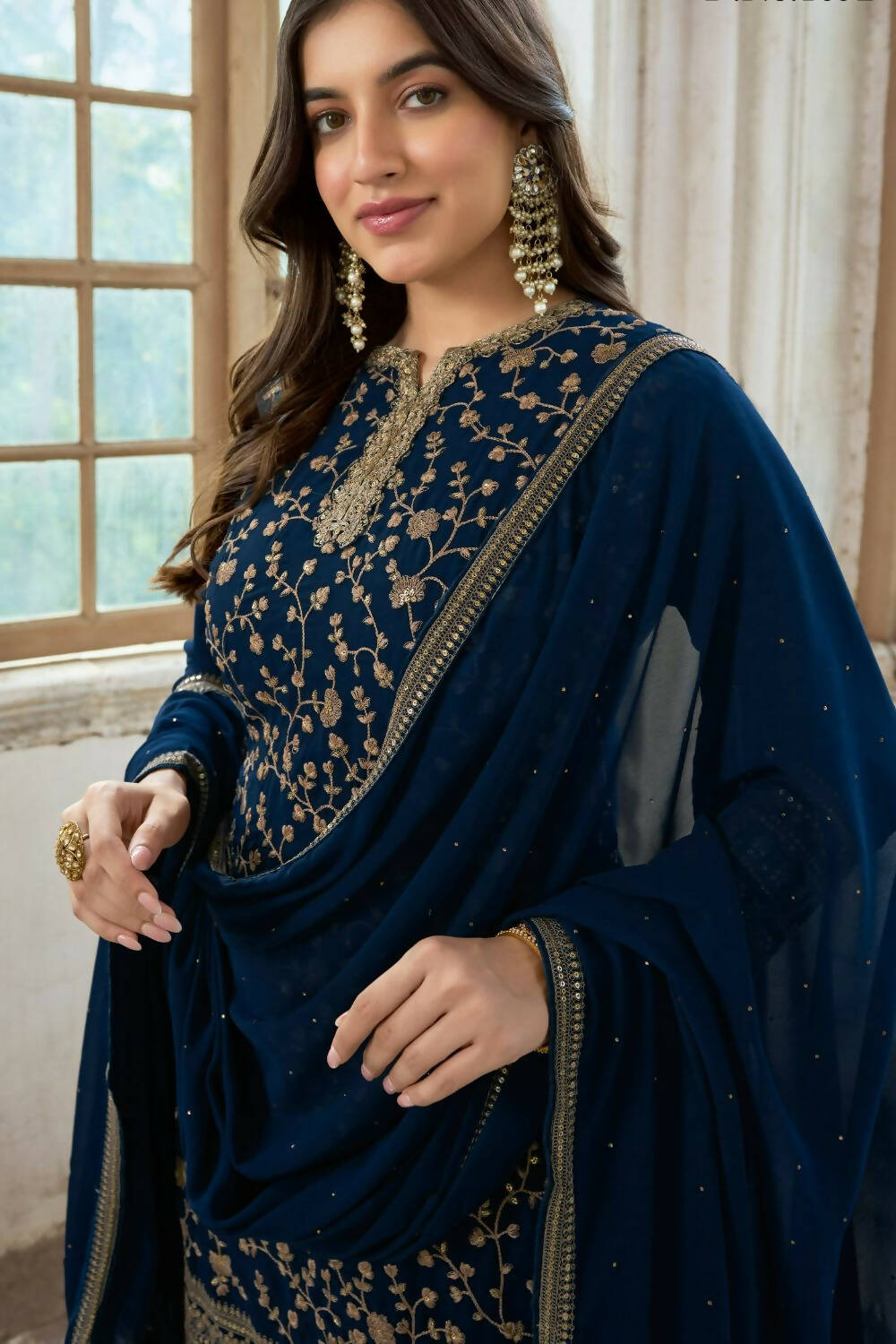 Navy Blue Heavy Fox Georgette Embroidered Semi Stitched Suit - Dhvani | Grocsy