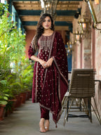 Juniper Women's Maroon Ethnic Motif Printed Velvet Kurta Set With Tassels | Grocsy