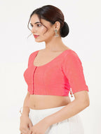 Joban Fashion Fuschia-Pink Taffeta Silk Elbow Sleeveless Front Open Blouse | Grocsy