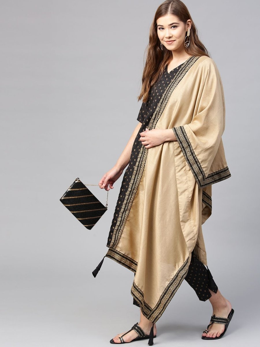 Ahalyaa Women's Black Poly Silk Printed Kurta Pant With Dupatta | Grocsy