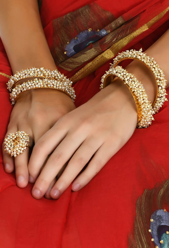 Mominos Fashion Kamal Johar Pearls Golden Off White Beads Bangles Set