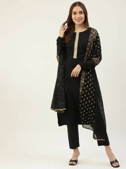 FIORRA Women's Black Poly Crepe Straight Kurta Pant With Dupatta | Grocsy