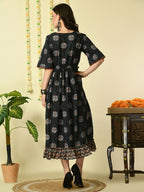 Myshka Women's Black Printed Cotton Party Dress | Grocsy