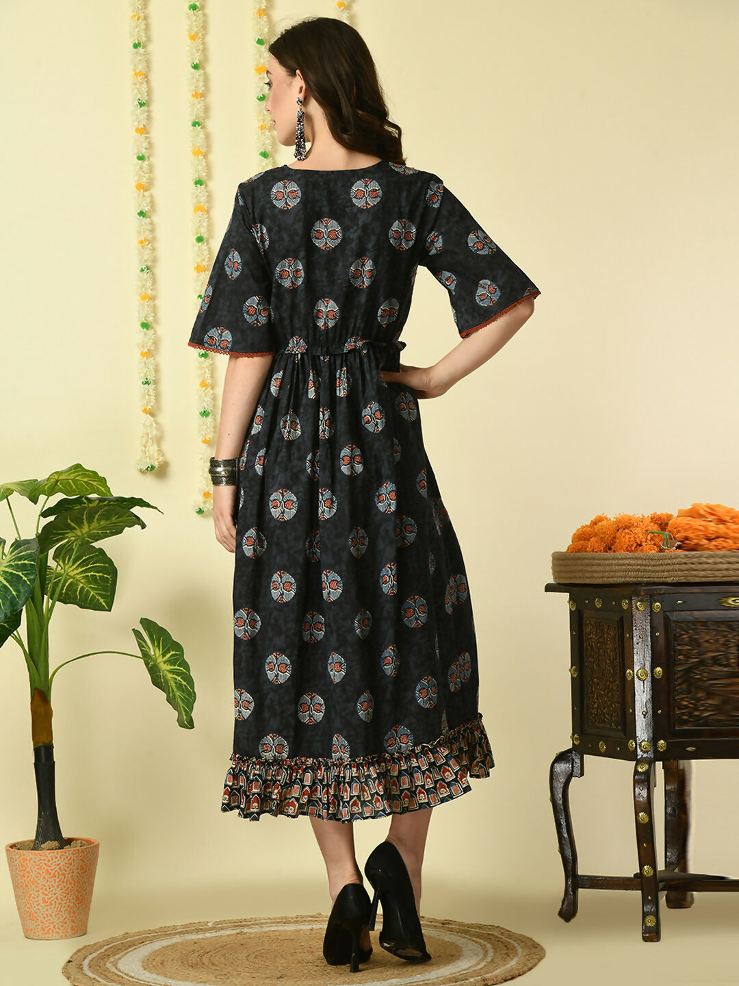 Myshka Women's Black Printed Cotton Party Dress | Grocsy