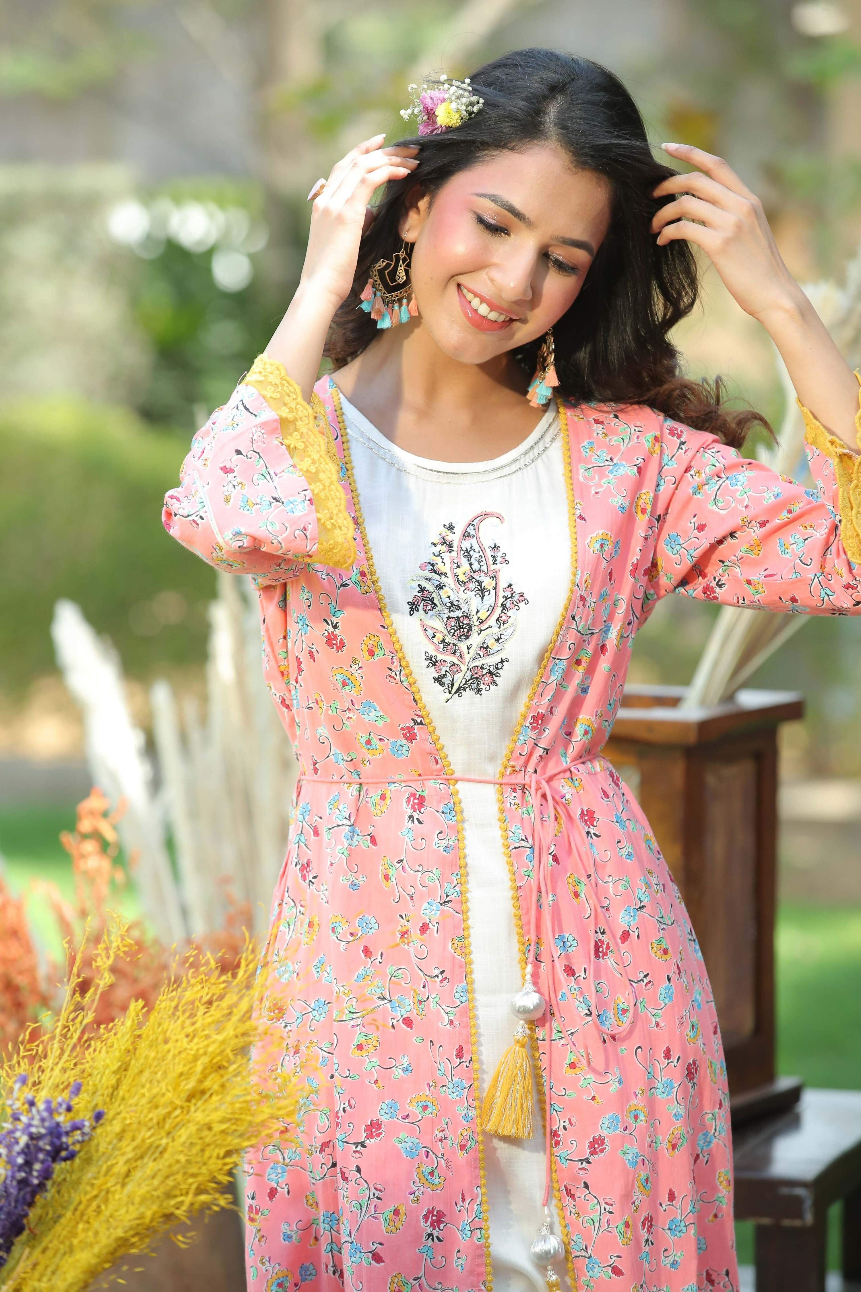 Juniper Coral Floral Printed Cotton Lacy Jacket Style Kurta With Thread Work & Dori At Waist | Grocsy