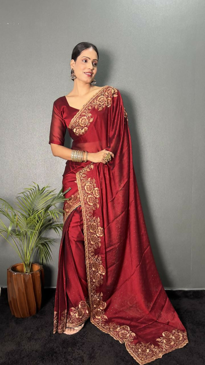 Vastranavya Maroon Rangoli Silk Zari work with DMC Swarovski work Ready to Wear Saree | Grocsy