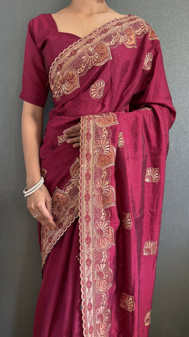 Vastranavya Pink Vichitra Silk Zari with Swarovski Work Ready to Wear Saree | Grocsy