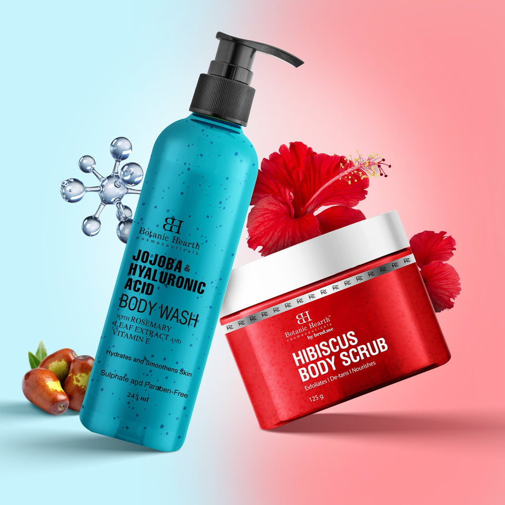 Botanic Hearth Jojoba Hyaluronic Bobywash & Hibiscus Scrub Combo | Grocsy
