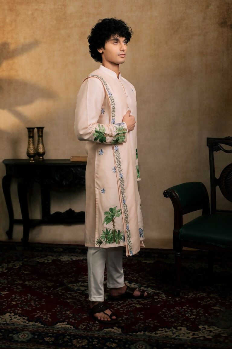 Falling Raw Silk Peach Gajavana Kurta Set By Hilo Design | Grocsy