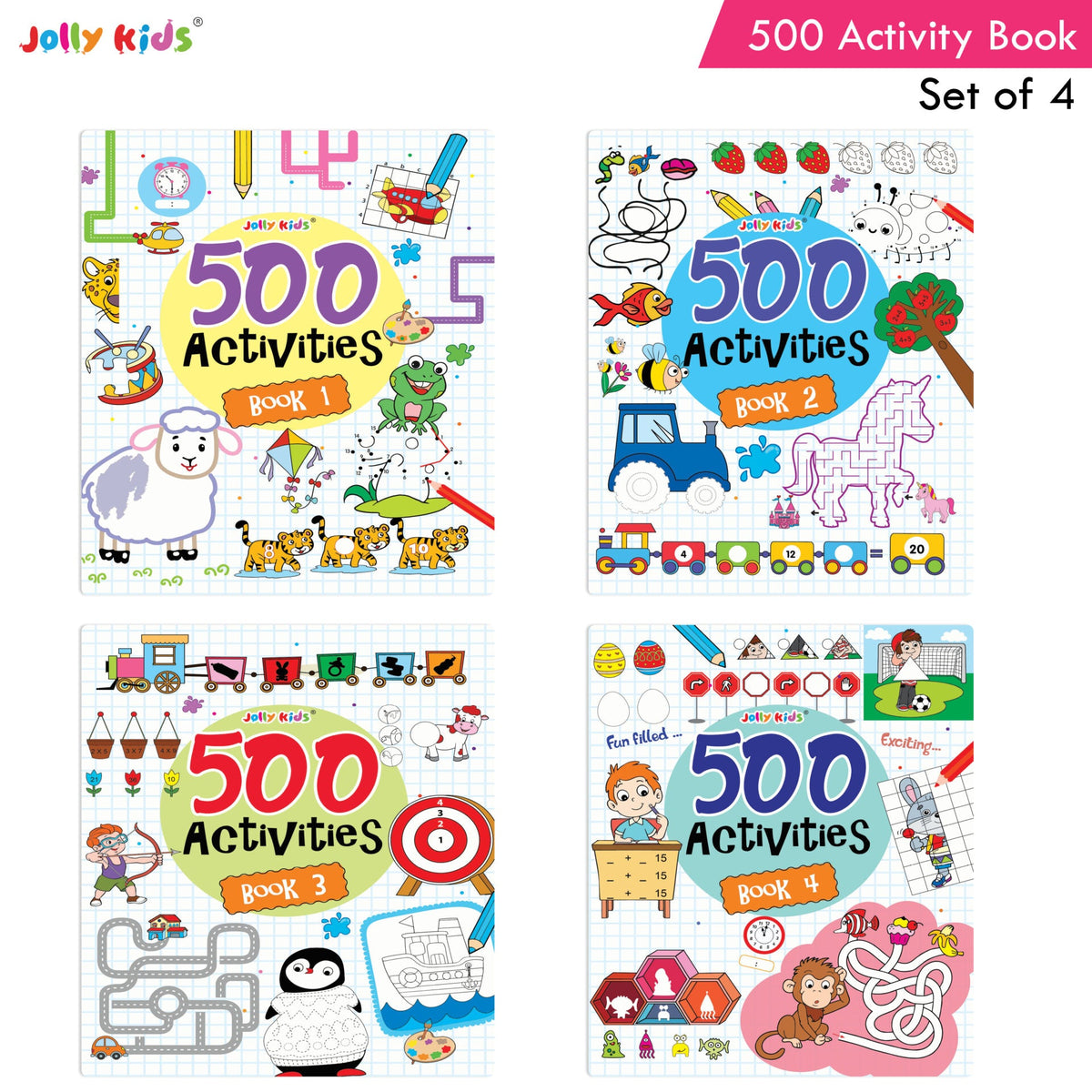 Jolly Kids Fun Learning 500 Activities Books Set of 4| Ages 3-8 years Thinking Skills Activities Learning Counting, Spelling, Solve Puzzle Activities | Grocsy
