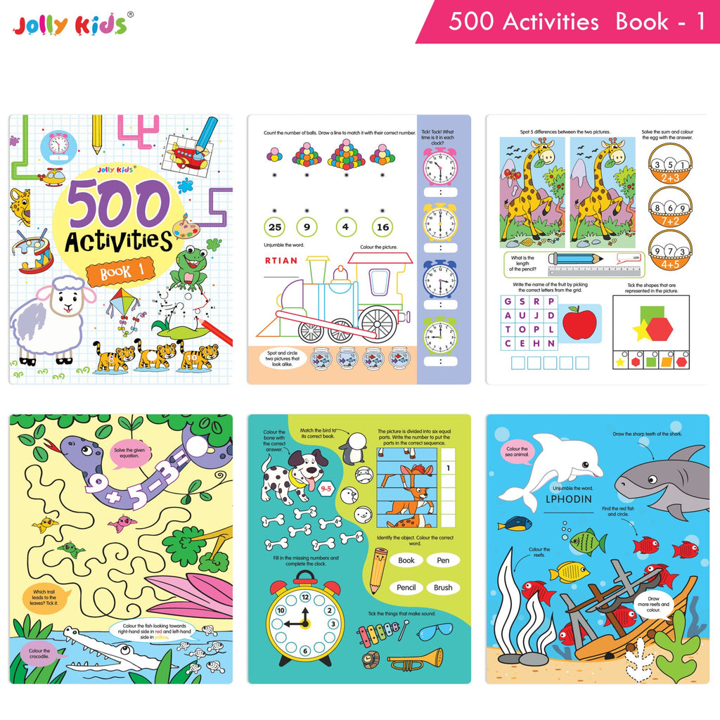 Jolly Kids Fun Learning 500 Activities Books Set of 4| Ages 3-8 years Thinking Skills Activities Learning Counting, Spelling, Solve Puzzle Activities | Grocsy