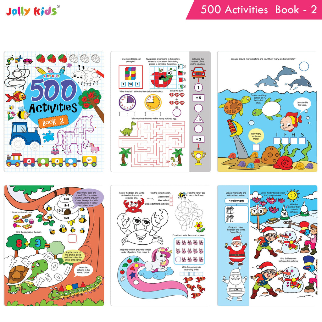 Jolly Kids Fun Learning 500 Activities Books Set of 4| Ages 3-8 years Thinking Skills Activities Learning Counting, Spelling, Solve Puzzle Activities | Grocsy