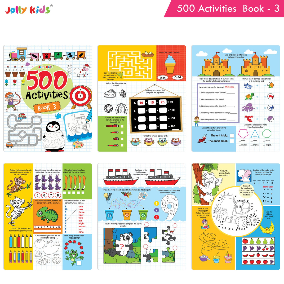 Jolly Kids Fun Learning 500 Activities Books Set of 4| Ages 3-8 years Thinking Skills Activities Learning Counting, Spelling, Solve Puzzle Activities | Grocsy
