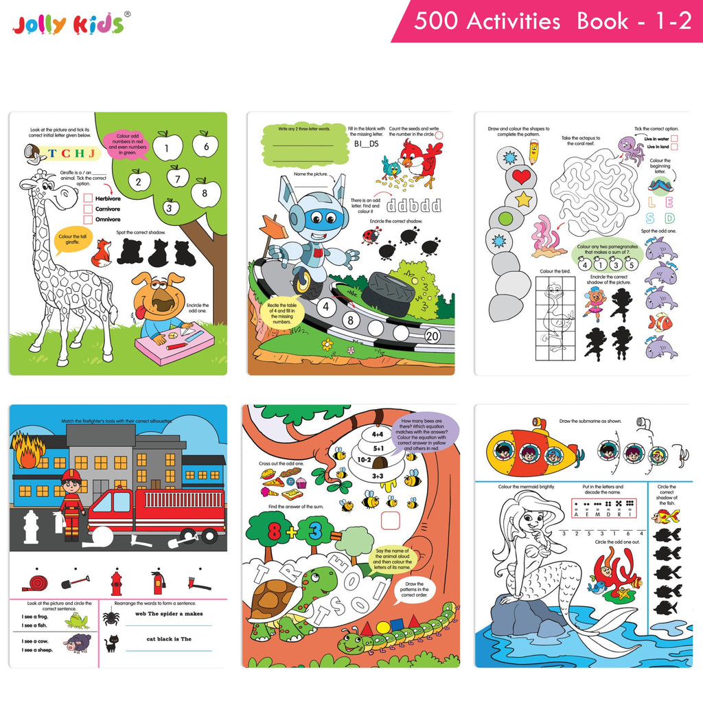 Jolly Kids Fun Learning 500 Activities Books Set of 4| Ages 3-8 years Thinking Skills Activities Learning Counting, Spelling, Solve Puzzle Activities | Grocsy