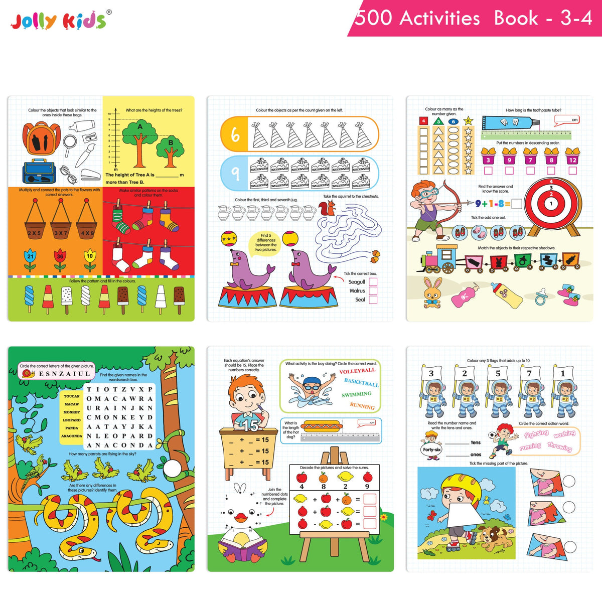 Jolly Kids Fun Learning 500 Activities Books Set of 4| Ages 3-8 years Thinking Skills Activities Learning Counting, Spelling, Solve Puzzle Activities | Grocsy