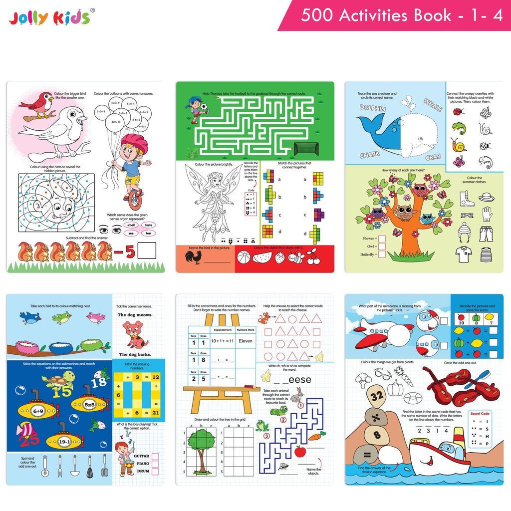 Jolly Kids Fun Learning 500 Activities Books Set of 4| Ages 3-8 years Thinking Skills Activities Learning Counting, Spelling, Solve Puzzle Activities | Grocsy