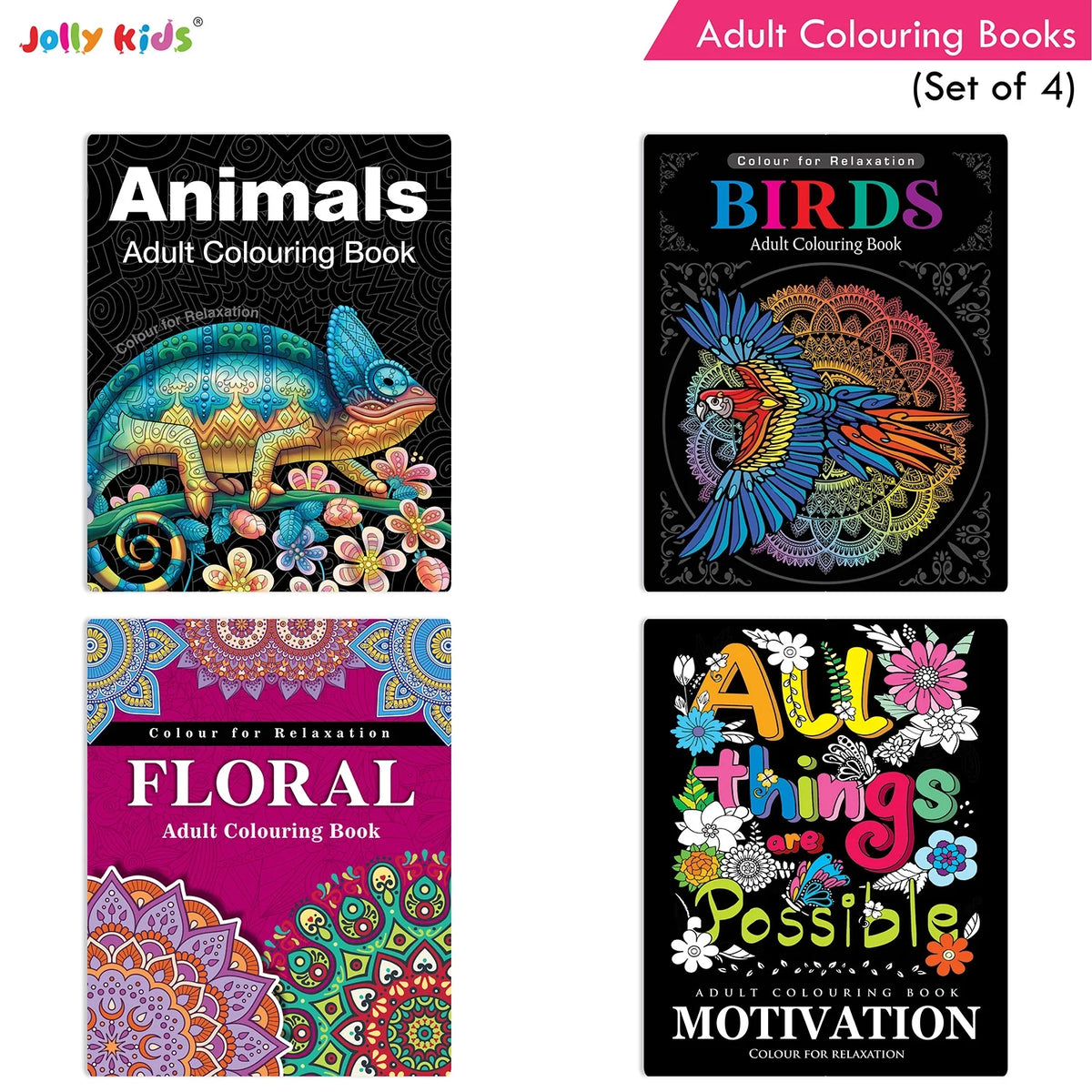 Jolly Kids Adult Colouring Books Set of 4|Adults Colouring Book: Stress Relieving Designs Floral, Animals, Birds & Motivational Quotes Colouring Books | Grocsy
