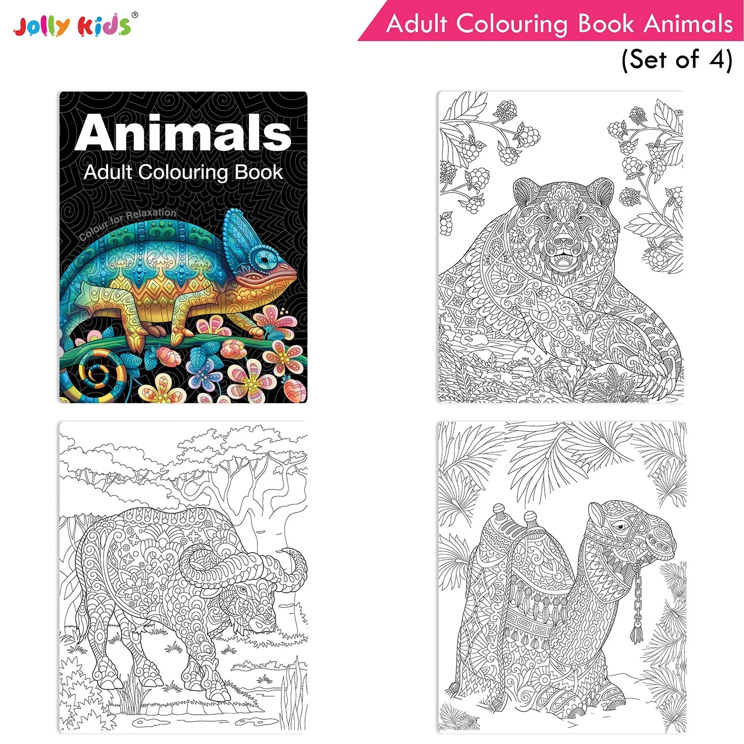 Jolly Kids Adult Colouring Books Set of 4|Adults Colouring Book: Stress Relieving Designs Floral, Animals, Birds & Motivational Quotes Colouring Books | Grocsy