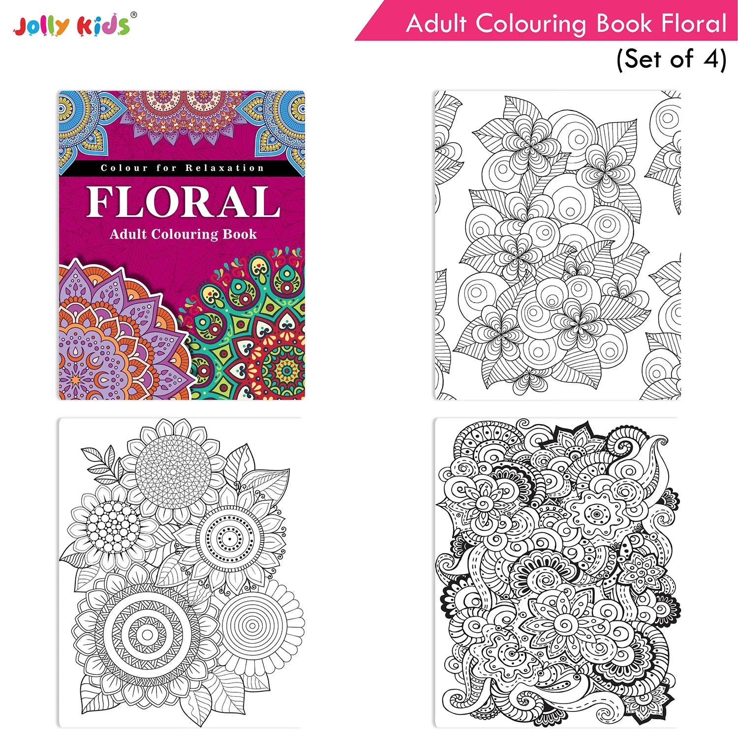 Jolly Kids Adult Colouring Books Set of 4|Adults Colouring Book: Stress Relieving Designs Floral, Animals, Birds & Motivational Quotes Colouring Books | Grocsy