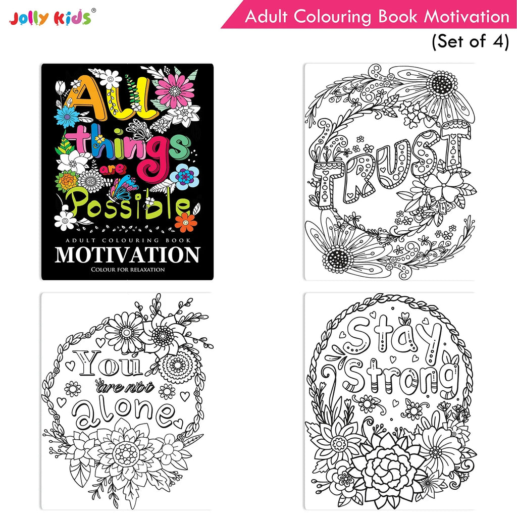 Jolly Kids Adult Colouring Books Set of 4|Adults Colouring Book: Stress Relieving Designs Floral, Animals, Birds & Motivational Quotes Colouring Books | Grocsy