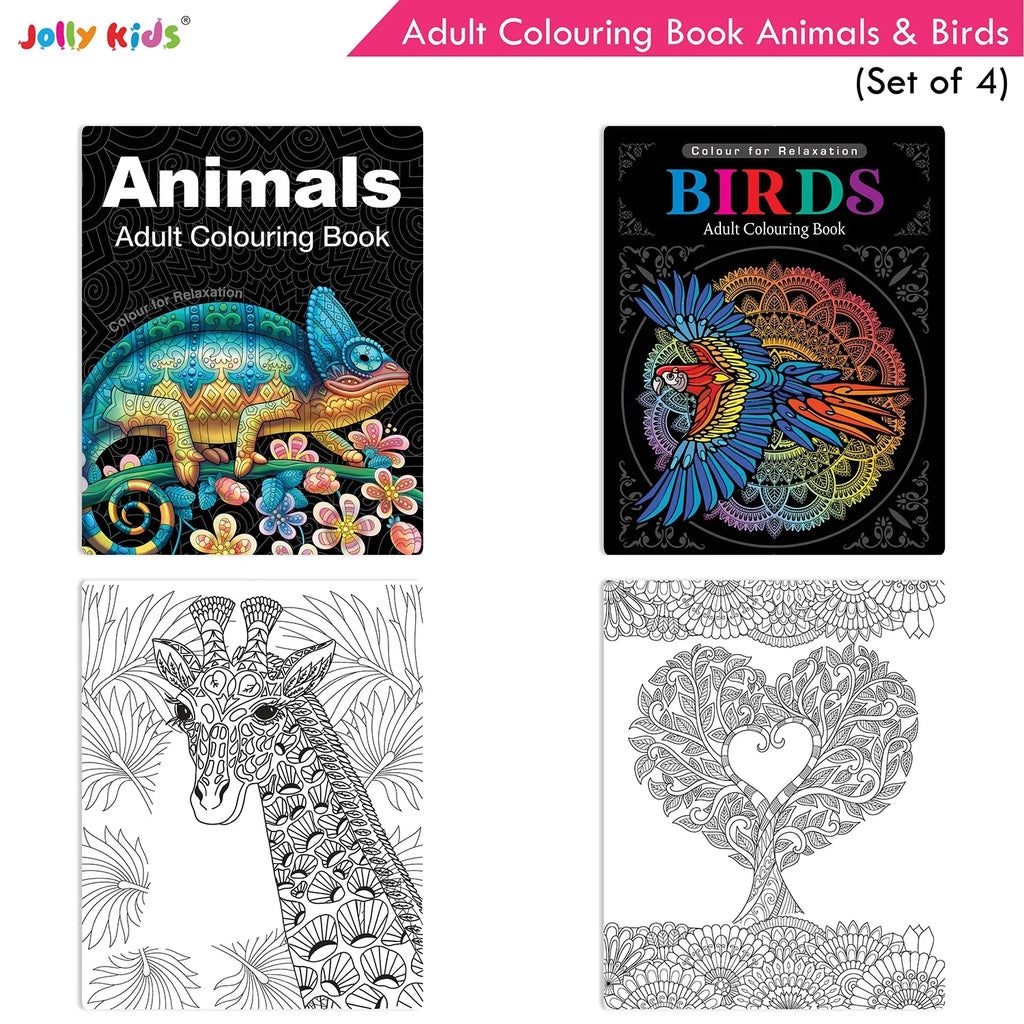 Jolly Kids Adult Colouring Books Set of 4|Adults Colouring Book: Stress Relieving Designs Floral, Animals, Birds & Motivational Quotes Colouring Books | Grocsy