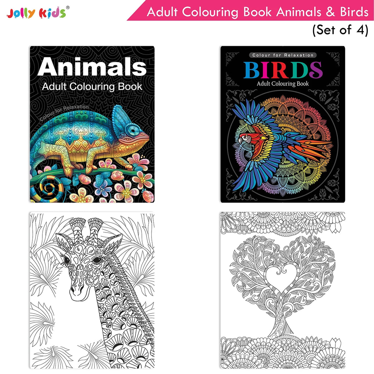 Jolly Kids Adult Colouring Books Set of 4|Adults Colouring Book: Stress Relieving Designs Floral, Animals, Birds & Motivational Quotes Colouring Books | Grocsy