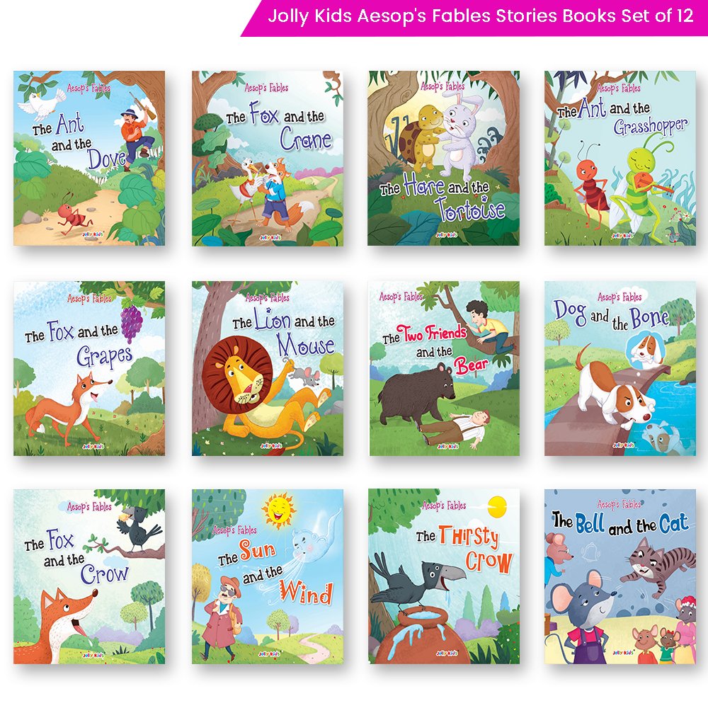 Jolly Kids Aesop's Fables Stories Books Set of 12 for Kids Ages 3-6 Years| Bedtime Moral Stories | Grocsy