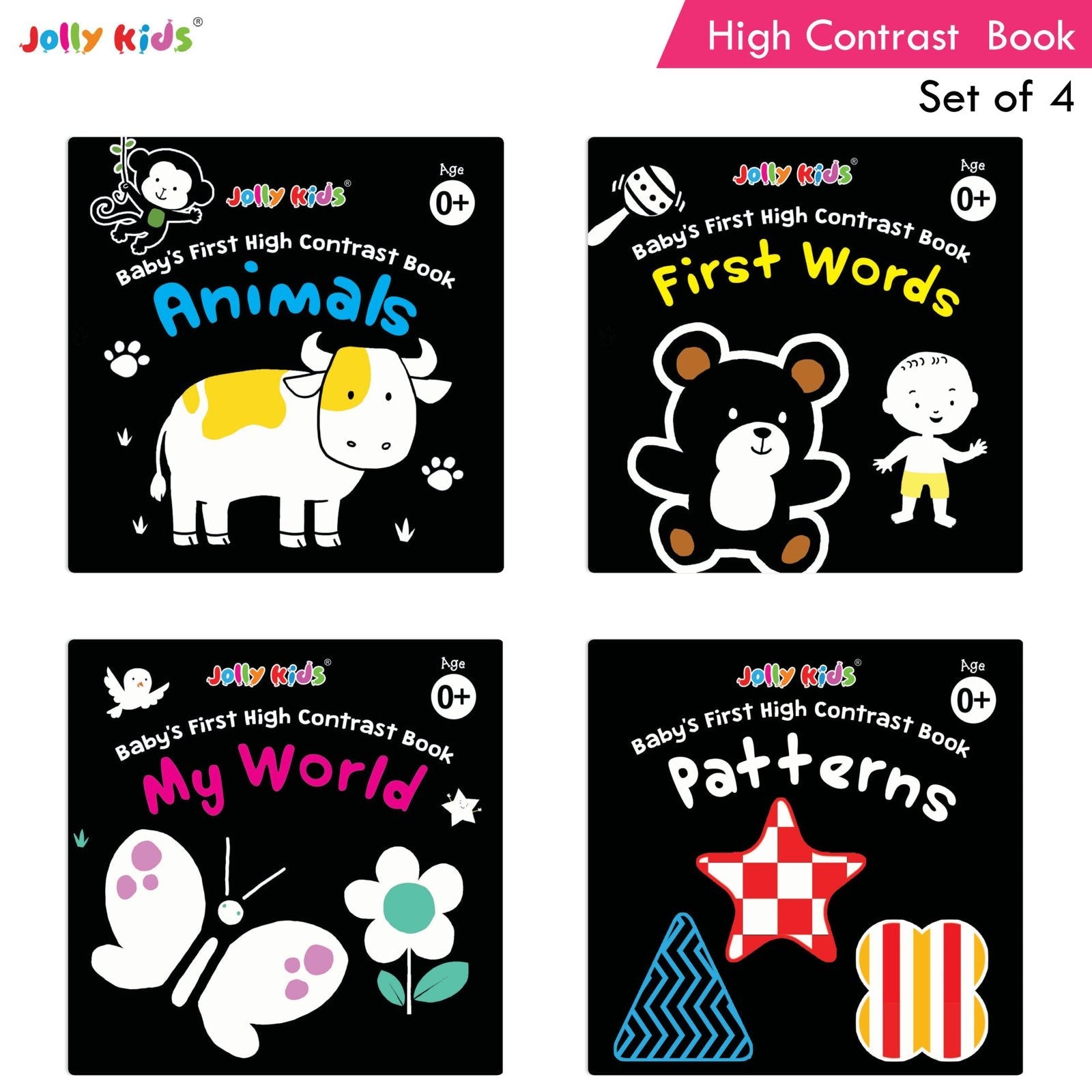 Jolly Kids Baby's First High Contrast Board Books (Set of 4)| Black and White Board Books For Kids Ages 0 - 3 Years | Grocsy