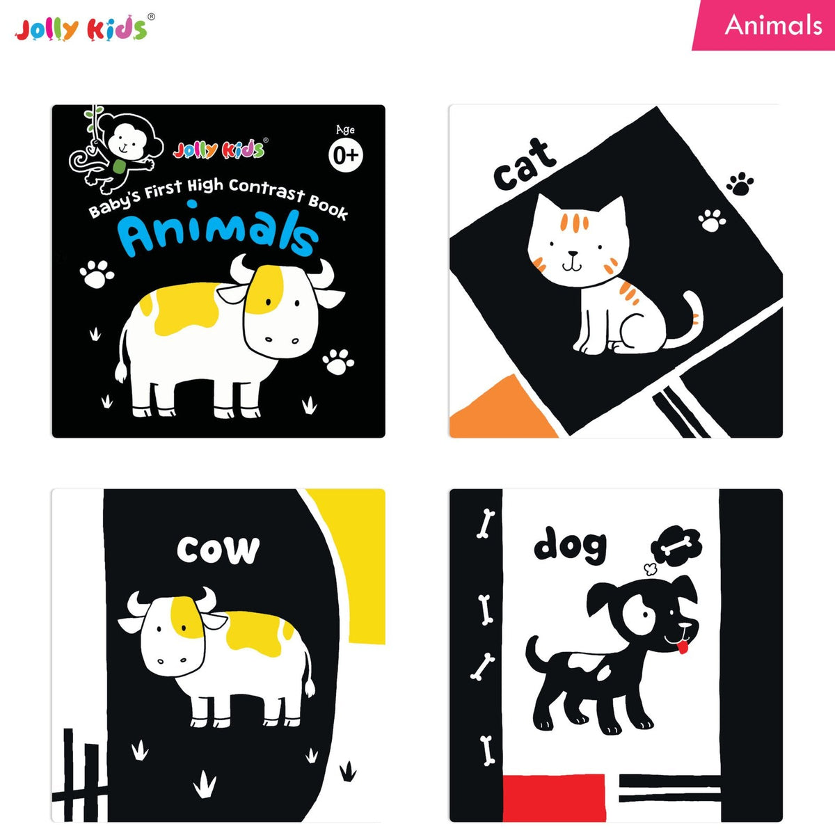 Jolly Kids Baby's First High Contrast Board Books (Set of 4)| Black and White Board Books For Kids Ages 0 - 3 Years | Grocsy