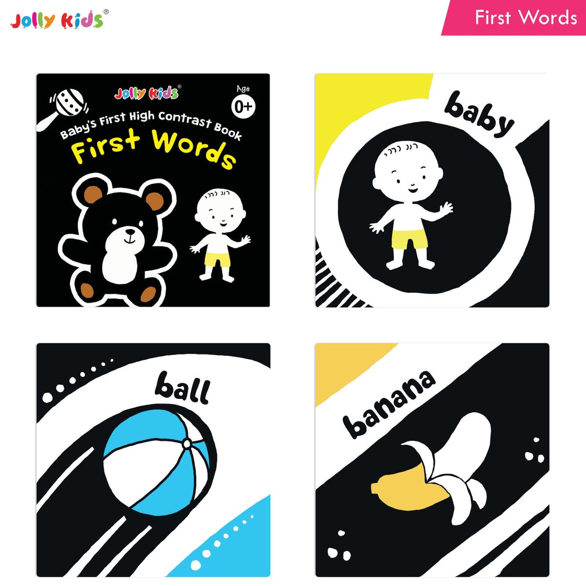 Jolly Kids Baby's First High Contrast Board Books (Set of 4)| Black and White Board Books For Kids Ages 0 - 3 Years | Grocsy