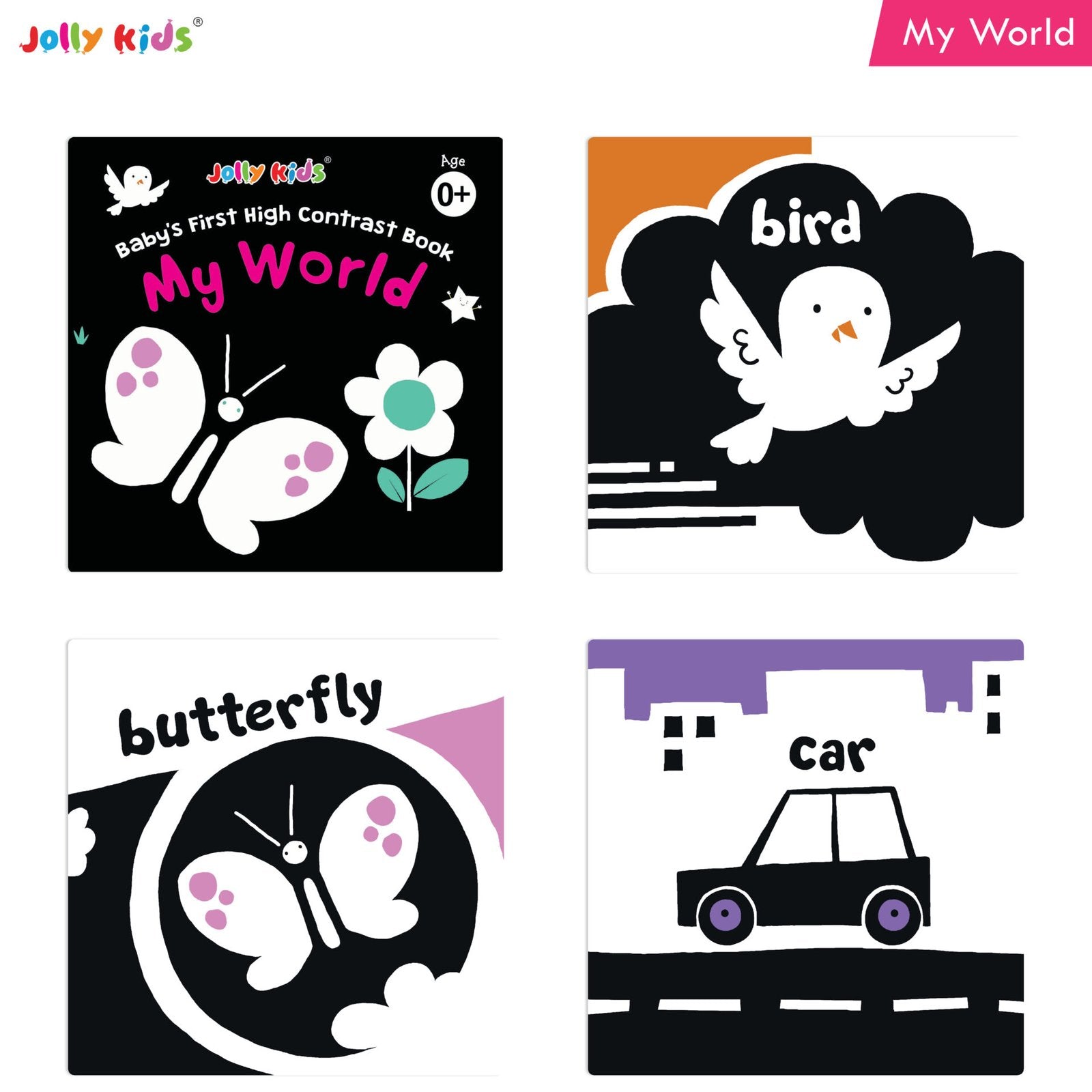 Jolly Kids Baby's First High Contrast Board Books (Set of 4)| Black and White Board Books For Kids Ages 0 - 3 Years | Grocsy