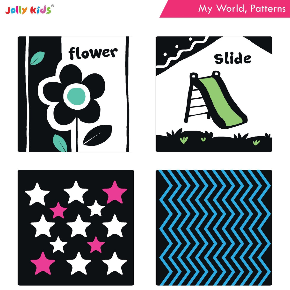 Jolly Kids Baby's First High Contrast Board Books (Set of 4)| Black and White Board Books For Kids Ages 0 - 3 Years | Grocsy