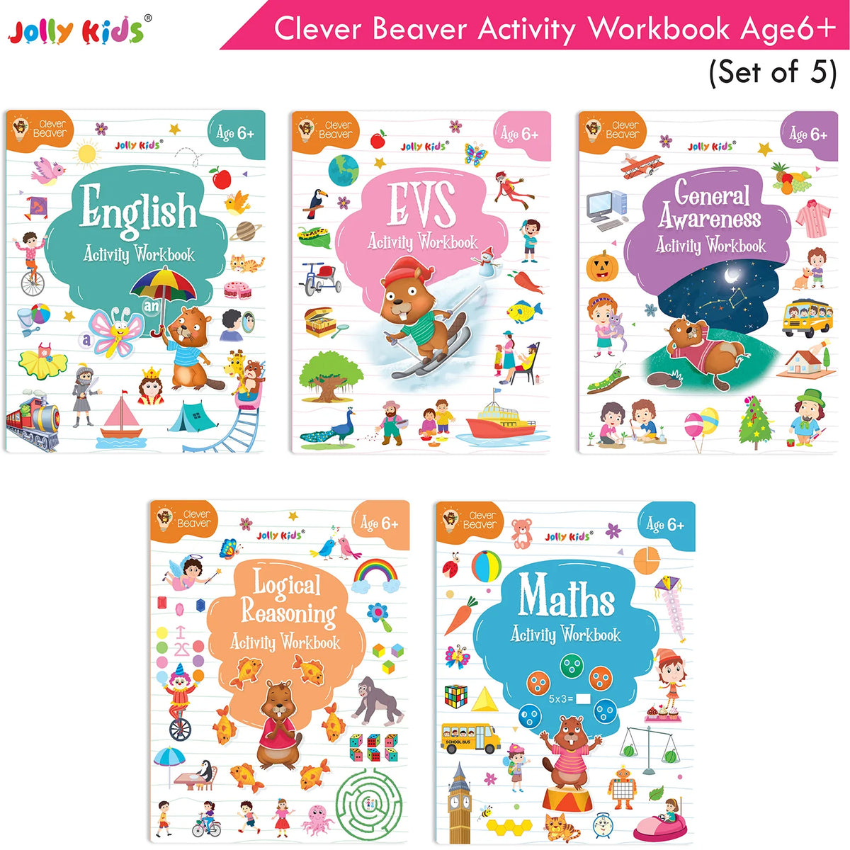 Jolly Kids Clever Beaver Ages 6-7 Years Fun Learning Activities Workbooks Set of 4| English-Maths-EVS-Good Habit-Logical Reasoning | Grocsy