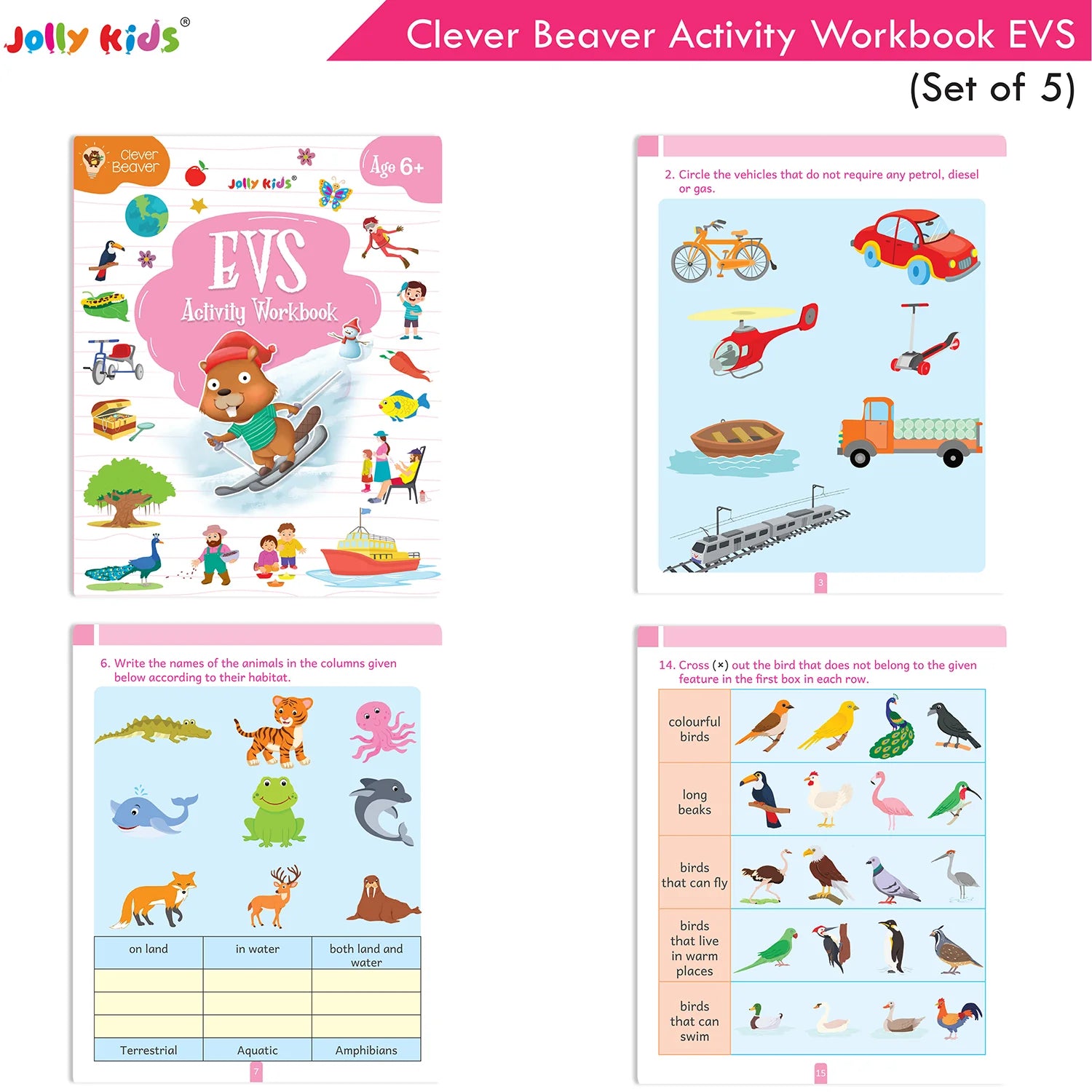 Jolly Kids Clever Beaver Ages 6-7 Years Fun Learning Activities Workbooks Set of 4| English-Maths-EVS-Good Habit-Logical Reasoning | Grocsy